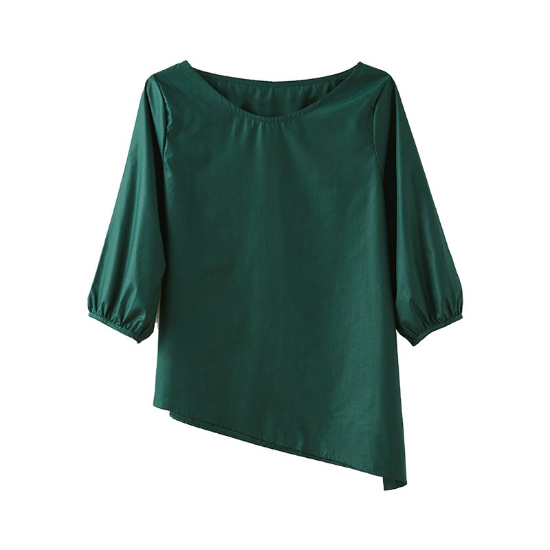 Green Plain Cotton A-Line 3/4 Sleeve Shirts & Tops