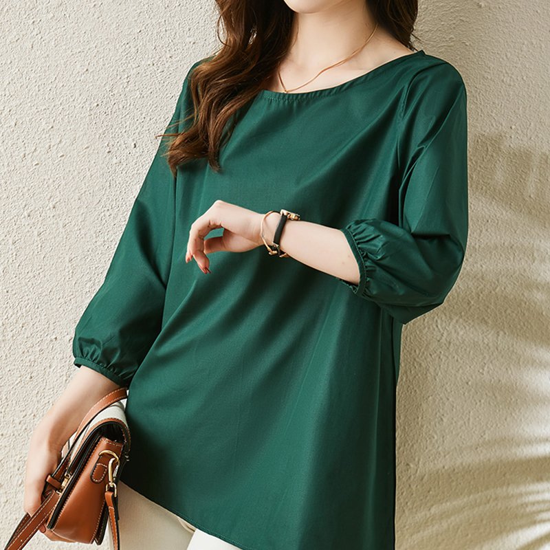 Green Plain Cotton A-Line 3/4 Sleeve Shirts & Tops