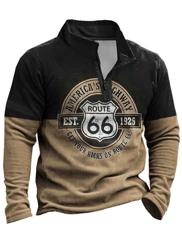 Retro Route 66 Khaki Half-zip Stand Collar Sweatshirts Warm Comfortable Pullover Sports Sweatshirts