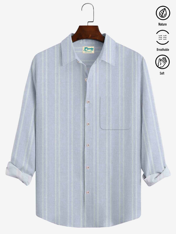 Holiday Beach Casual Blend Light Blue Men's Long Sleeve Striped Shirts Stretch Plus SIze Camp Pocket Shirts