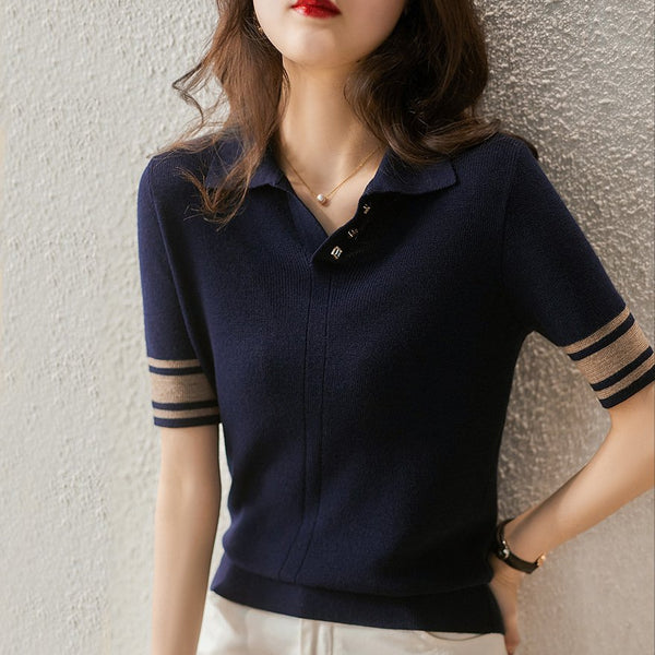 As Picture Knitted Short Sleeve Cotton-Blend Shirts & Tops