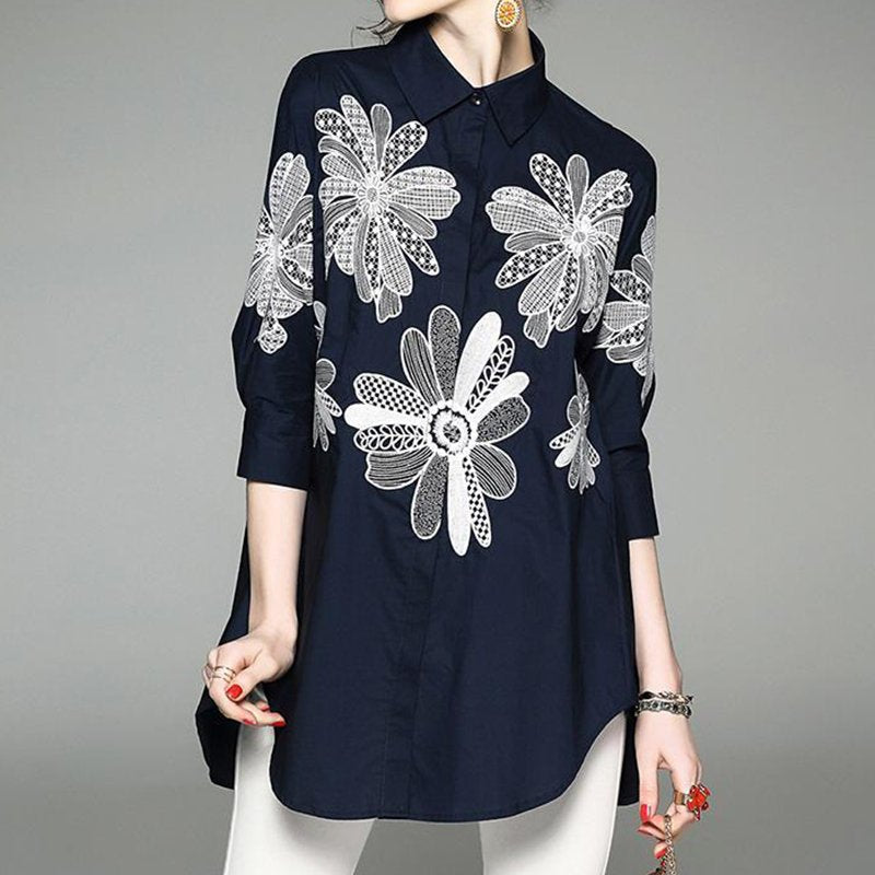 Embroidered Cotton Casual Long Sleeve Shirts & Tops