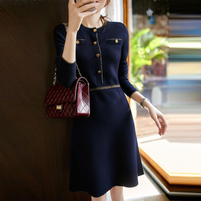 Navyblue Knitted Cotton-Blend Elegant A-Line Dresses
