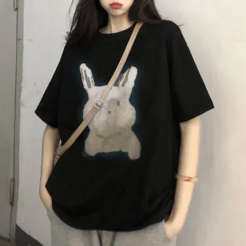 Rabbit Printed Round Neck Loose T-Shirt