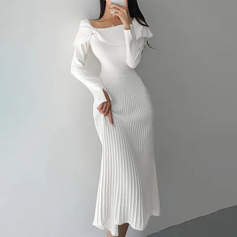 Elegant Acrylic Plain Long Sleeve Midi Dress