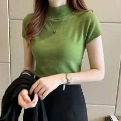 Casual Cotton-Blend Sheath Knitted Shirts & Tops