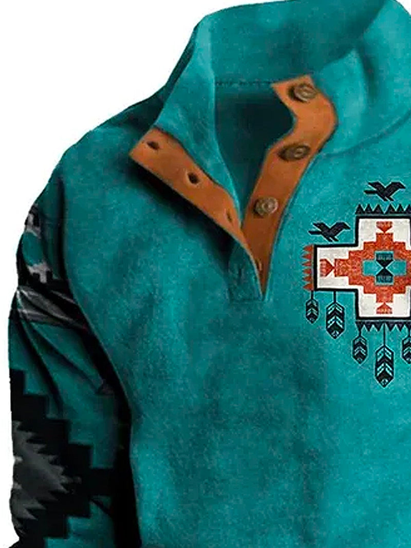 Men's Western Ethnic Print Men's Button Stand Collar Sweatshirt