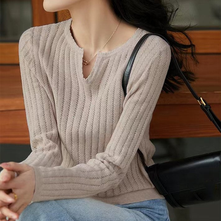 Women Shift Casual Long Sleeve Knitted Solid Shirts & Tops