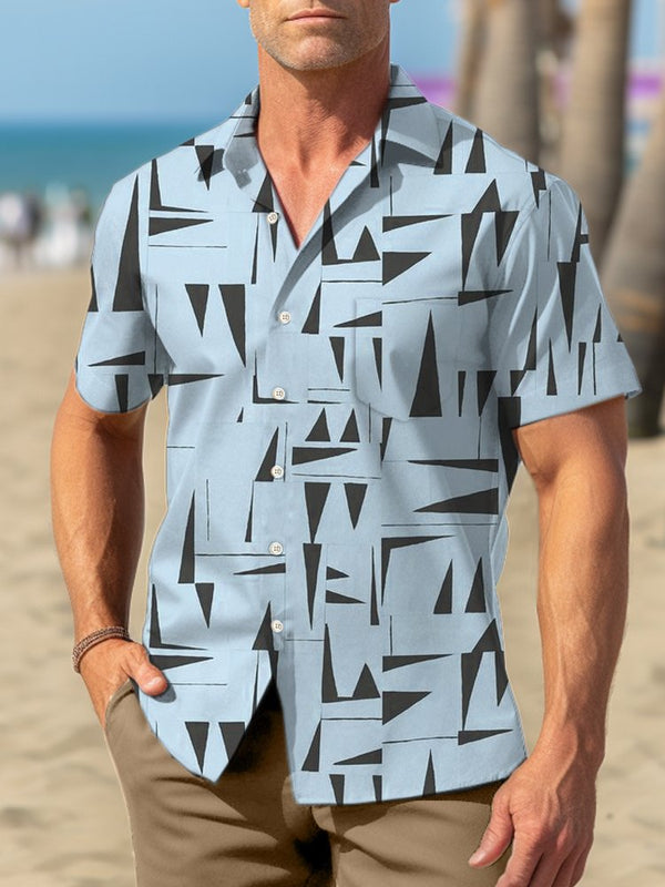 Geometric Print Beach Men's Hawaiian Oversized Pocket Shirt
