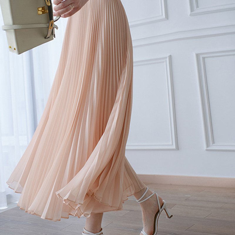 Pink Pleated Casual Swing Chiffon Dresses