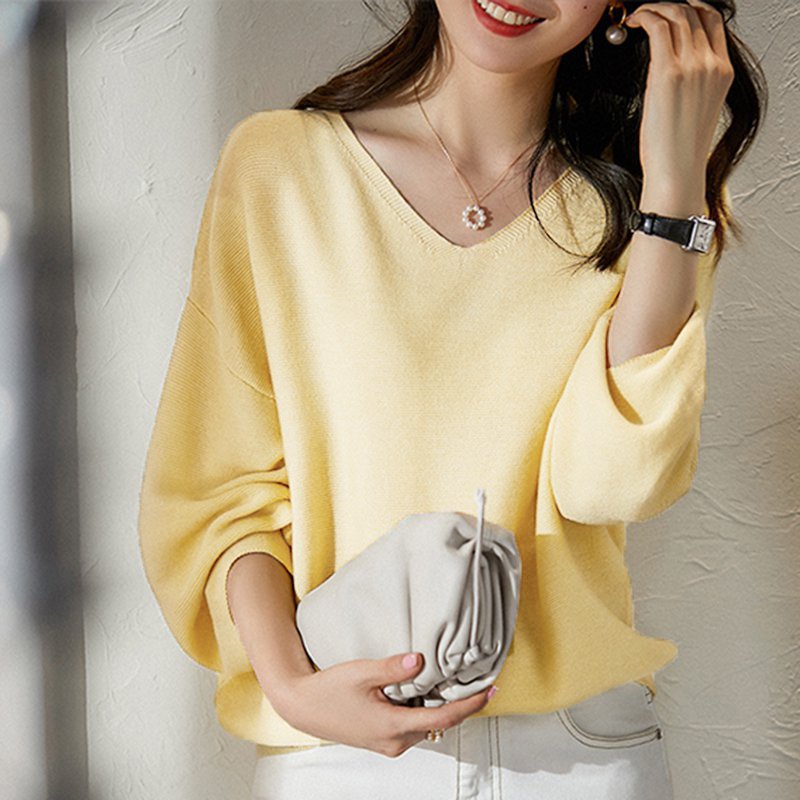 Casual V Neck Long Sleeve Sweater