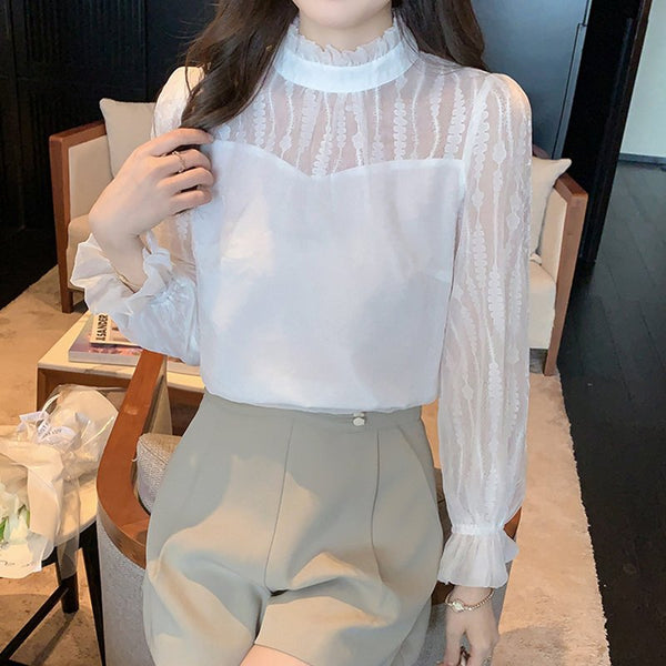 White Long Sleeve Chiffon Plain Paneled Shirts & Tops