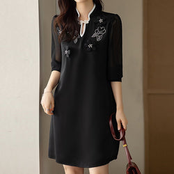 Black Half Sleeve Geometric Beaded A-Line Dresses