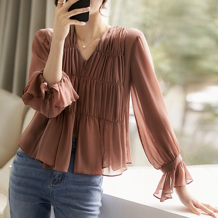 Women Ruched V neck Long Sleeve Shirts & Tops