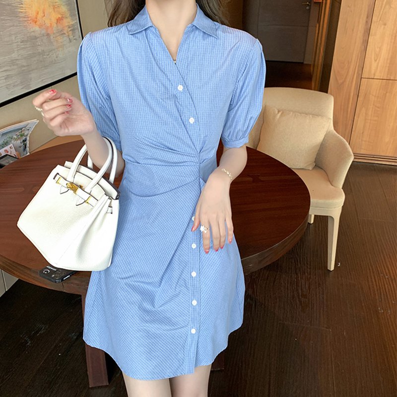 Blue Cotton-Blend Swing Checkered/plaid Casual Dresses