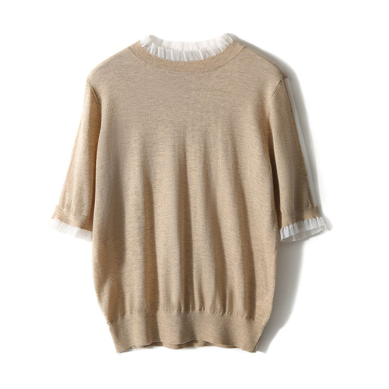Beige Camel Cotton-Blend Short Sleeve Knitted Paneled Cocoon Shirts & Tops