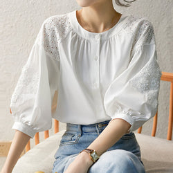 White 3/4 Sleeve Denim Cutout Shirts & Tops