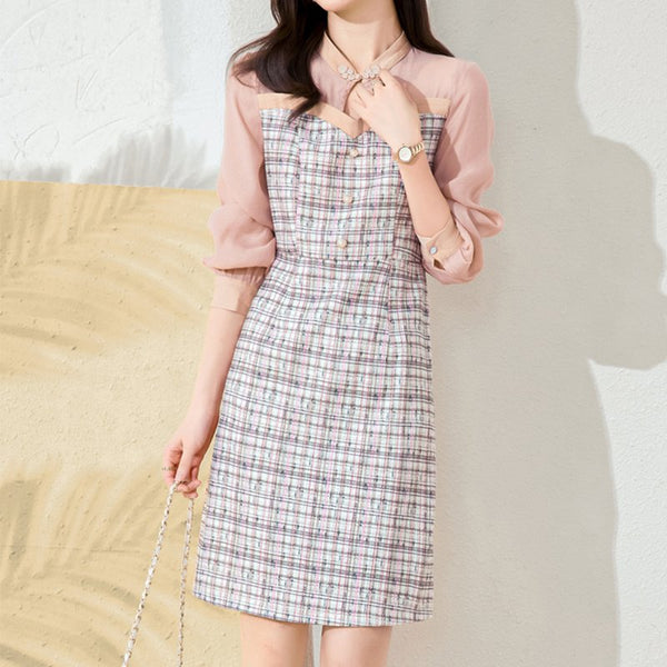 Pink Checkered/plaid Long Sleeve Paneled Dresses