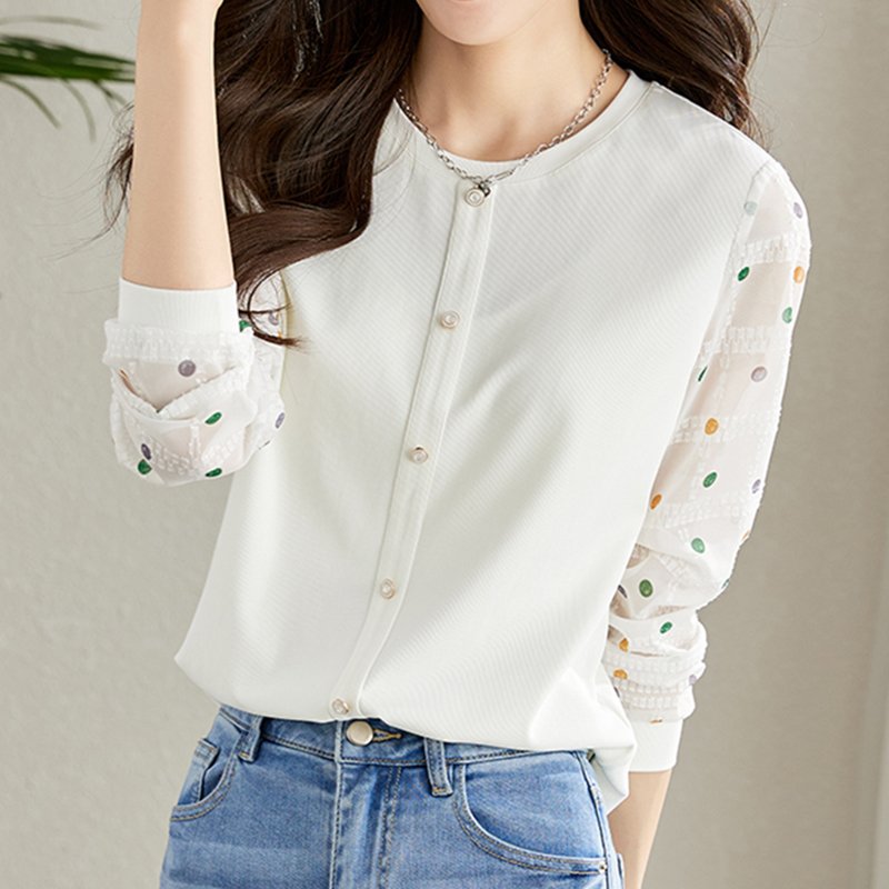 Women Polka Dots Buttoned Round Neck Textured Shirts & Tops