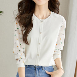 Women Polka Dots Buttoned Round Neck Textured Shirts & Tops
