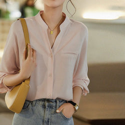 Women Long Sleeve V neck Solid Buttoned Shirts & Tops