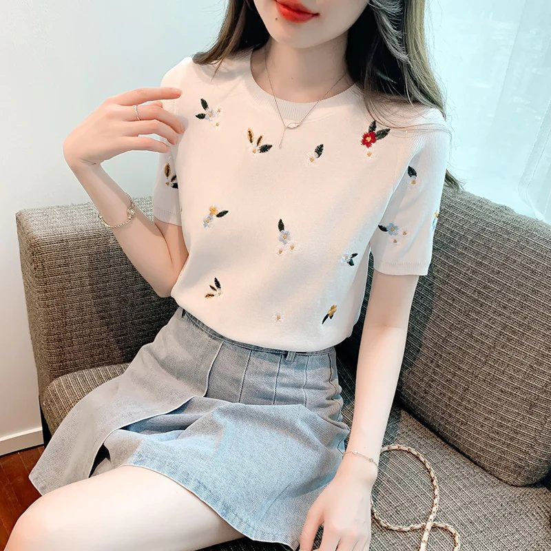 Embroidered Short-Sleeved T-shirt Ice Silk Knitted Top