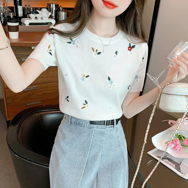 Embroidered Short-Sleeved T-shirt Ice Silk Knitted Top