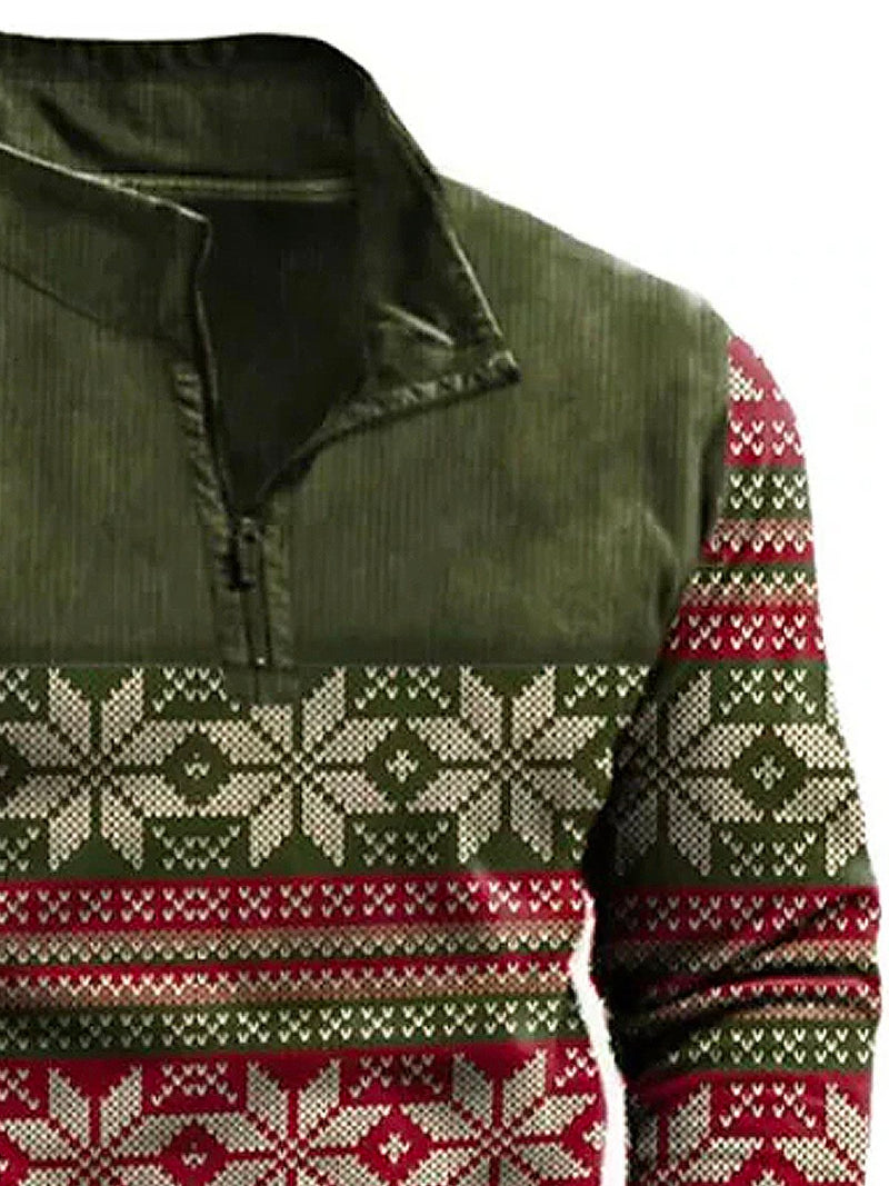 Men's Christmas Snowflake Print Quarter-Zip Stand Collar Sweatshirt