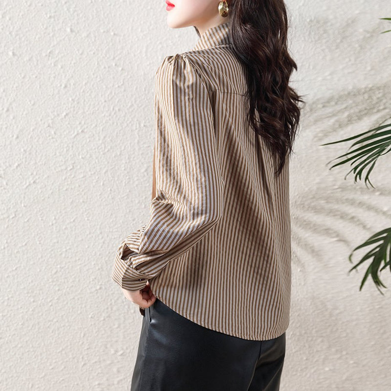 Women Buttoned Striped Long Sleeve Lapel Faux Two-Piece Shirt