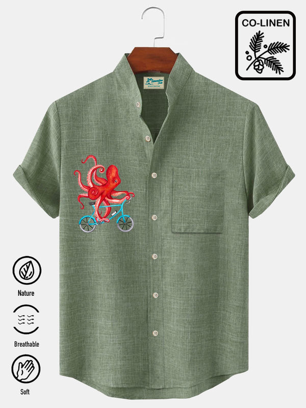 Cotton Linen Basic Octopus Stand Collar Men's Button Pocket Shirt