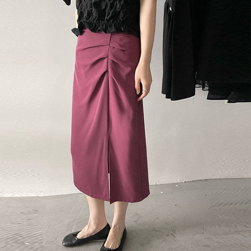 Solid Color Ruched Slit Midi Skirt