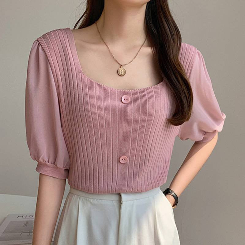 Solid Color Puff Sleeve Knit Blouses