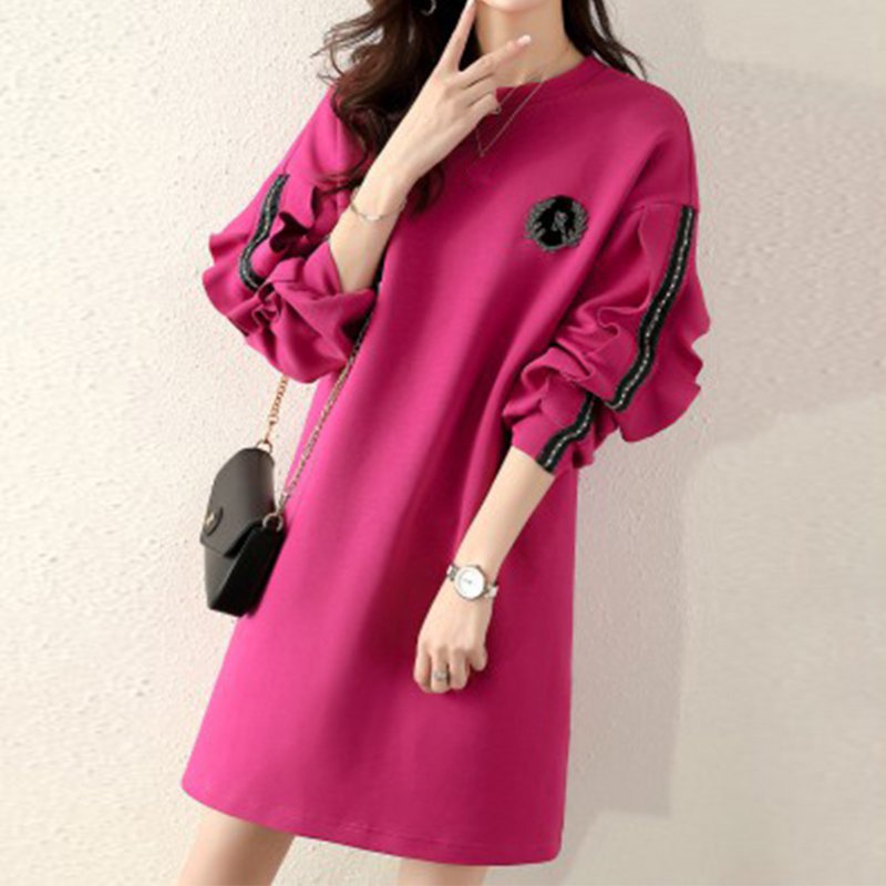 Deep Pink Long Sleeve Paneled Cotton-Blend Shift Dresses