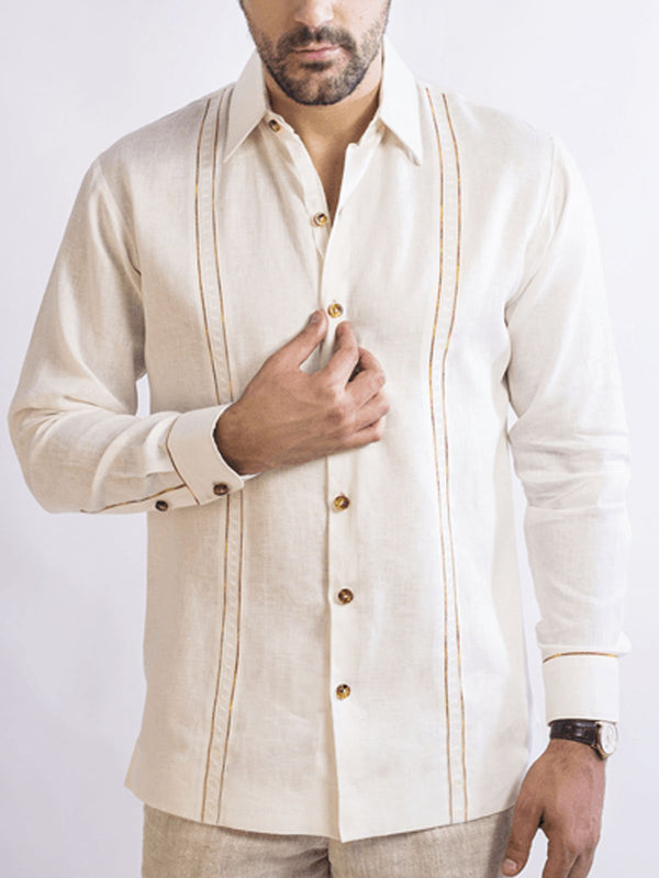 Mens Casual Geometric Striped Guayabera Shirts Cotton Linen Long Sleeve Shirts