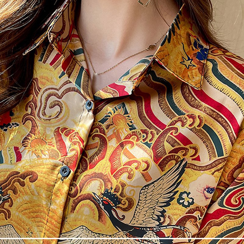 Yellow Printed Long Sleeve Silk-Chiffon Shirts & Tops