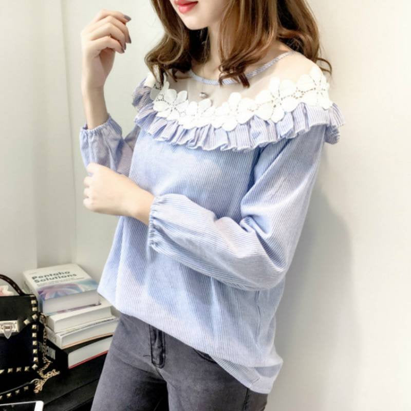 Striped Mesh Patchwork Casual Shift Shirts & Tops