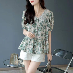 Silk-Chiffon Short Sleeve Floral Shirts & Tops