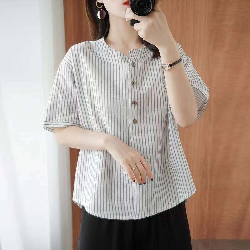 Cotton-Blend Short Sleeve Striped Shift Shirts & Tops