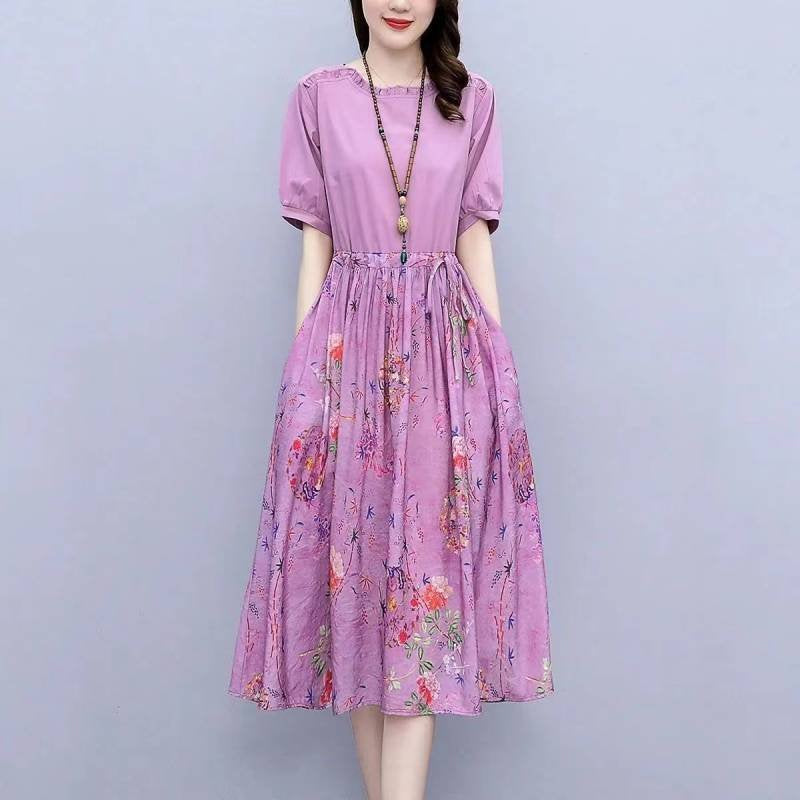 Cotton-Blend Floral Short Sleeve A-Line Dresses