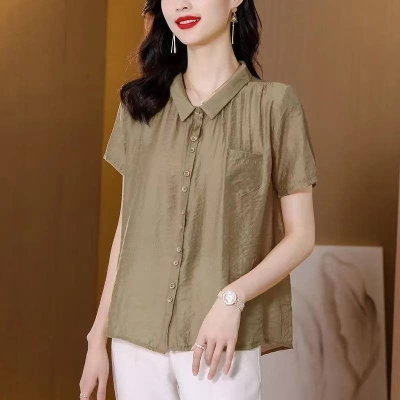 Cotton-Blend Short Sleeve Plain Casual Shirts & Tops