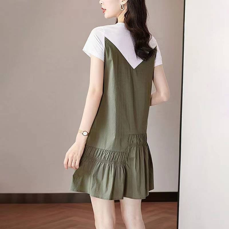 Army Green Patchwork Short Sleeve A-Line Dresses