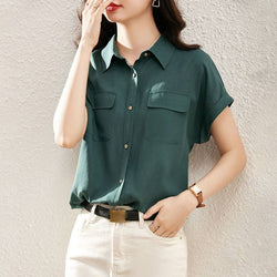 Green Short Sleeve Plain Shift Shirts & Tops