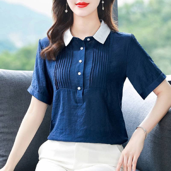 Cotton-Blend Shift Plain Short Sleeve Shirts & Tops