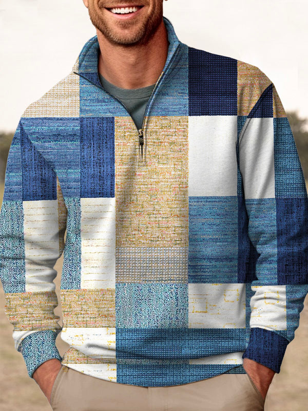 Men's Geometric Print Stand Collar Zipper Sweatshirt