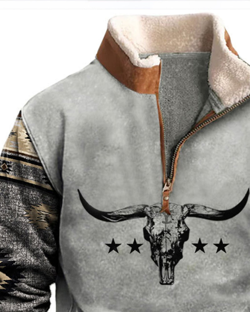 Vintage Aztec Men's Button-down Stand Collar Sweatshirt Stretch Plus Size Camping Outdoor Pullover Sweatshirt
