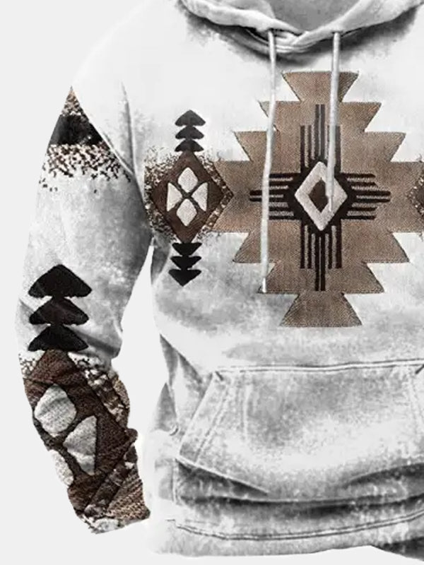 Vintage Western Aztec Men's Drawstring Hoodies Warm Comfortable Plus Size Outdoor Geometric Ethnic Pullover Sweatshirts