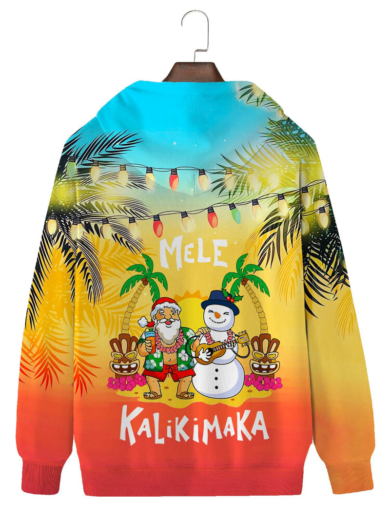 Christmas Mele Kalikimaka Men's Hawaiian Shirts Gradient Mele Kalikimaka Fun Santa Drawstring Hooded Sweatshirt