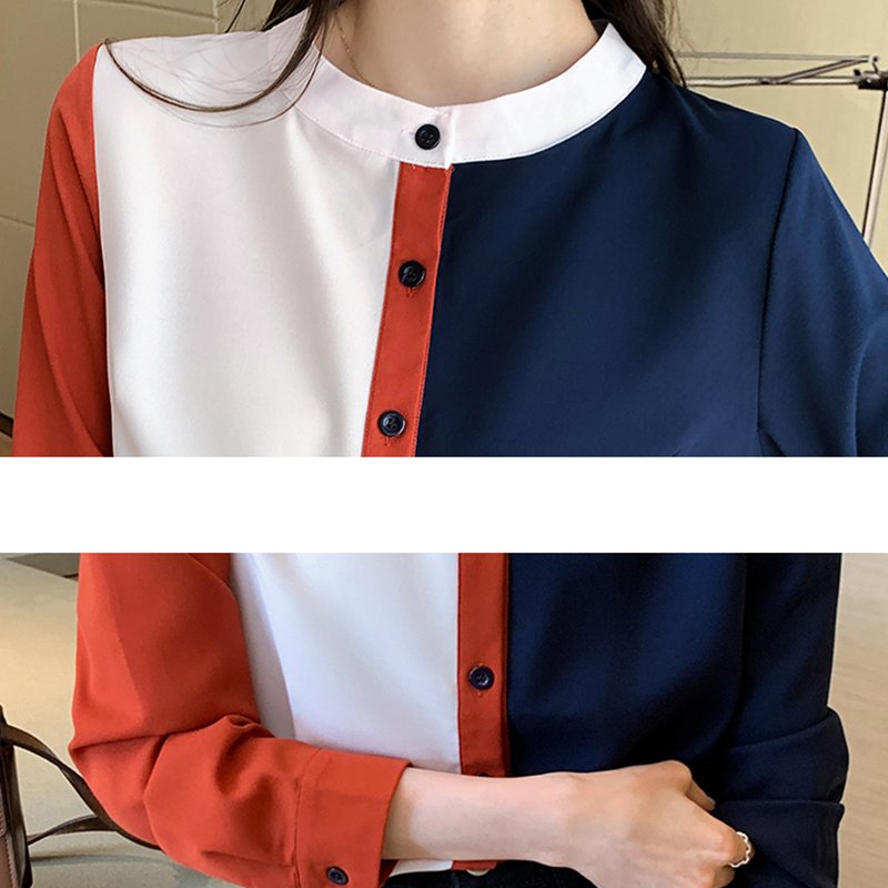Red Blue Paneled Long Sleeve Shift Chiffon Shirts & Tops