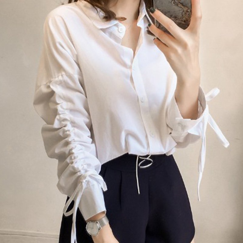 Shirred Casual Long Sleeve Shirts & Tops