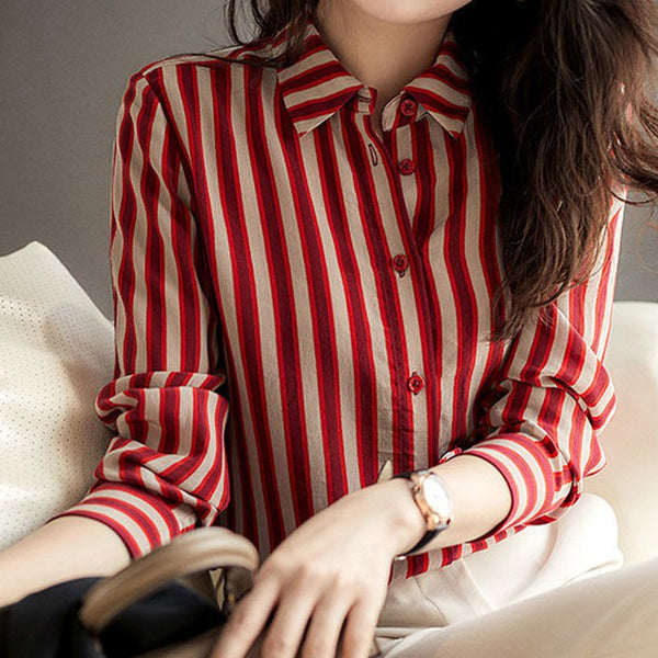 Red Striped Casual Shift Shirts & Tops